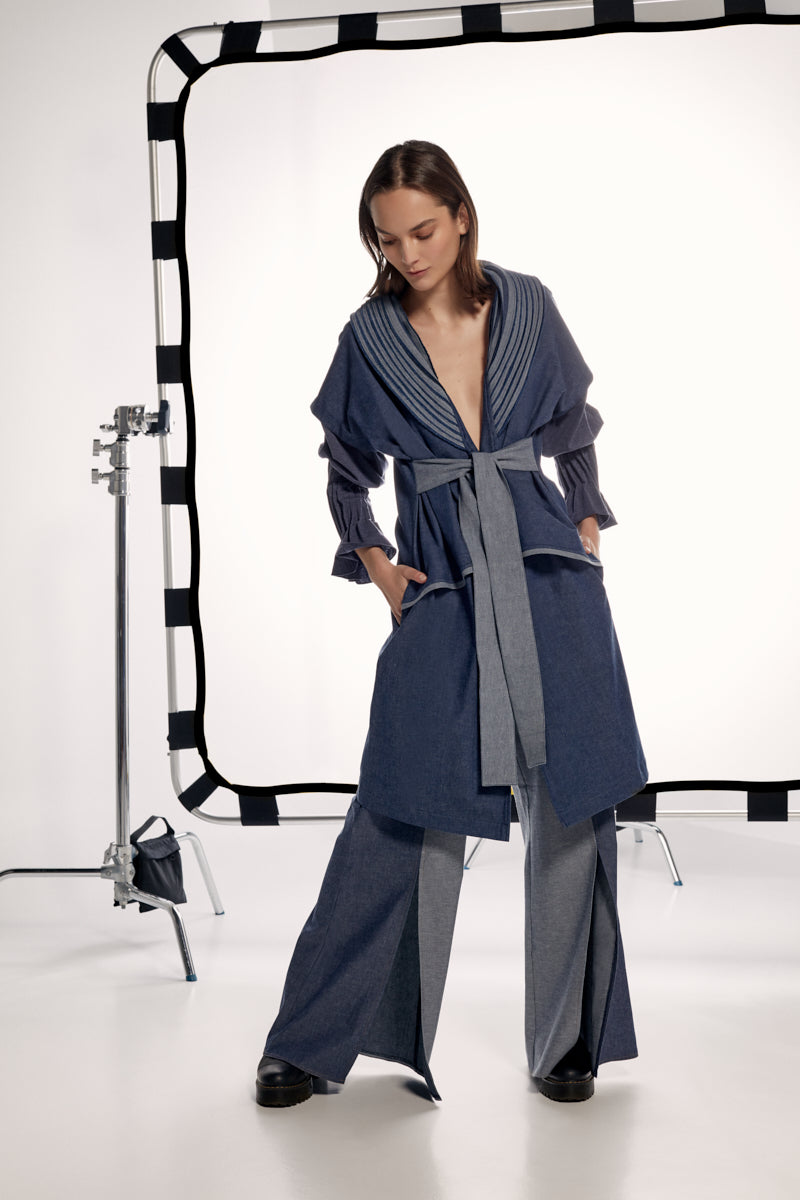 ABRIGO WRAP LARGO CON MANGAS DENIM AZUL